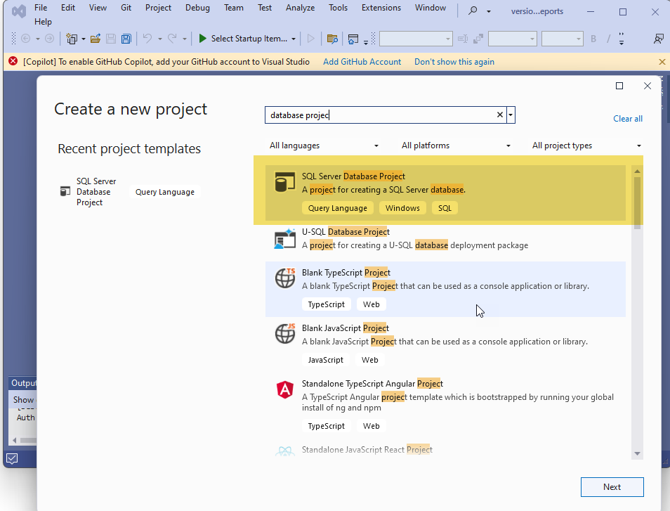Create a Visual Studio Database project, host in DevOps Git-repo and deploy with pipelines